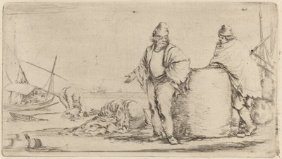 商品の大きなベールの近くに立っている 2 人の船員。 作： Stefano della Bella