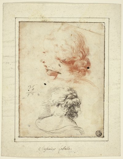 2 つの研究: 4 分の 3 のプロファイルの女性の頭部。 後ろから見た女性のバスト 作： Stefano della Bella