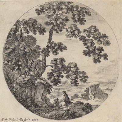 古い樫の木のそばを通り過ぎる 2 人の旅行者、1656 年。 作： Stefano della Bella