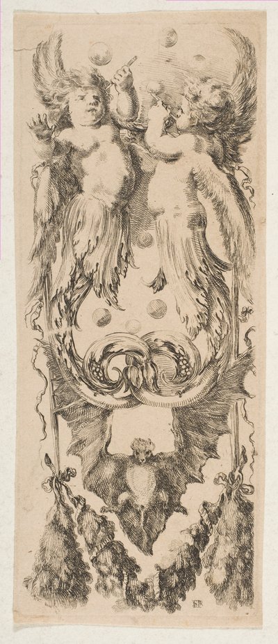 泡を吹いて装飾品に変わる体を持つ 2 つの翼のある子供, ca. 1653年。 作： Stefano della Bella
