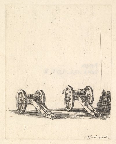「Equipment in...」より、右側に座っている 2 つの大砲、2 人の兵士が後ろから見られます。 1638-43。 作： Stefano della Bella