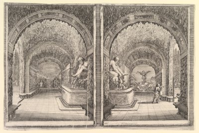 洞窟の2つのビュー。両方とも、座った像のある噴水のある景色を...から見た。 1653年。 作： Stefano della Bella