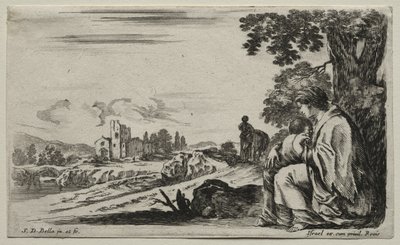 さまざまな人物と風景：木の下に座る貧しい看護師、1649年。 作： Stefano della Bella