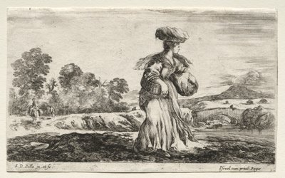 さまざまな人物と風景：頭にかごを運ぶ農民の女性、1649年。 作： Stefano della Bella