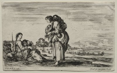 さまざまな人物と風景：2人の母親が一緒にチャットする、1649年。 作： Stefano della Bella