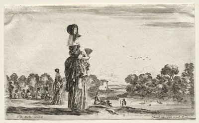 さまざまな人物と風景：川沿いの水浴を見ている女性、1649年。 作： Stefano della Bella