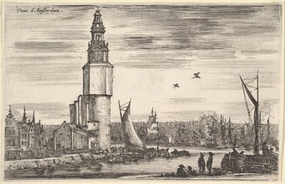 アムステルダムビューアムステルダム、タワーと左に家、桟橋に立っている男性のビュー、...、1647年。 作： Stefano della Bella