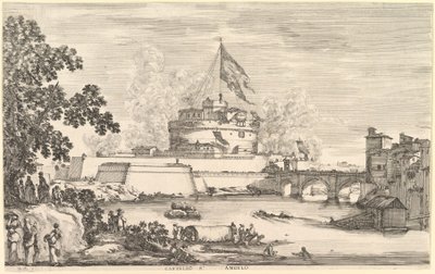 テヴェレ川の景色、左に大きな木、2つのグループの女性が左に...、ca。 1656年。 作： Stefano della Bella