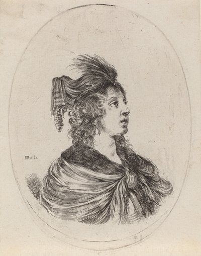 羽毛ターバンを巻いた女性、右向き、16491650。 作： Stefano della Bella
