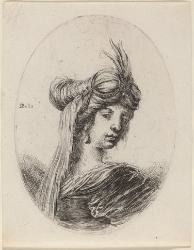 ターバンを巻いてベールをかぶり、右を向く女性 作： Stefano della Bella