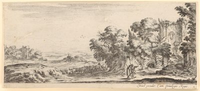 廃墟の前に立つ二人の巡礼者、背景には家畜の群れ 作： Stefano della Bella