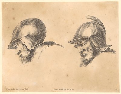 ヘルメットをかぶったひげを生やした男性2人の、左向きの横顔を描いた肖像画 作： Stefano della Bella