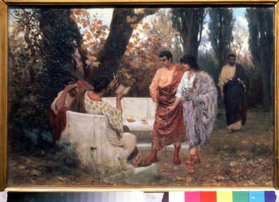 ローマの詩人カトゥルス (紀元前 87 ～ 54 年) が詩を朗読 (ローマの詩人カトゥルスが詩を朗読)。 Stepan Vladislavovich Bakalovich (1857-1947) による絵画。 キャンバスに油彩、26.8 x 39 cm 作： Stepan Vladislavovich Bakalovich