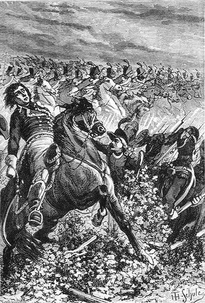 Schuler, Jules Theophile (1821-78)による「マレンゴの戦い」、Emille de Bonnechoseによる「フランスの歴史」より、ロンドンのWard, Lock and Co.社から出版された（エングレーヴィング）。 作： Stephane Pannemaker