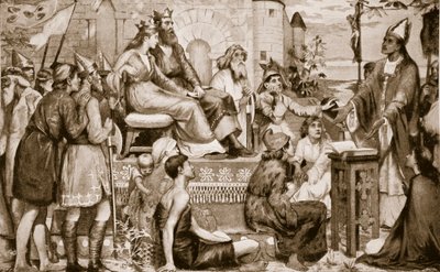 セントオーガスティンがサクソン人に説教、597年、「ハッチンソンのイギリス国民の物語」、1920年頃のイラスト 作： Stephen Briggs Carlil