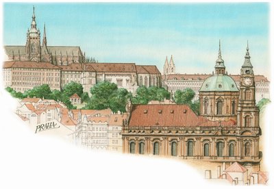 プラハの眺め、1900-2023年頃（インク、水彩画） 作： Stephen Conlin