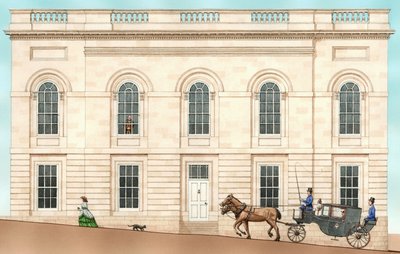 アーマー・ロビンソン図書館（北アイルランド、アーマー）：1852年の外観、2001年（インク、水彩画 作： Stephen Conlin