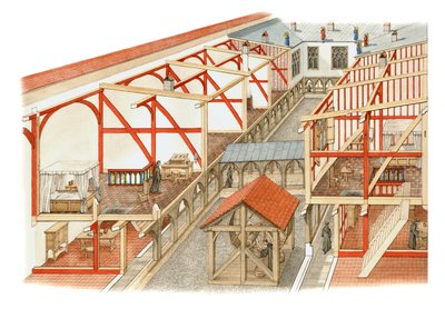 ウィンザー城、キャノンズ・コート 1500-1535年頃 （紙にインク、水彩画） 作： Stephen Conlin