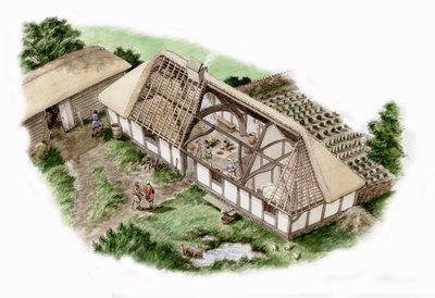 オックスフォードシャー、メイプルダム、ミル・ハウス（2013年作）、1335-1400年頃（インク、水彩画） 作： Stephen Conlin