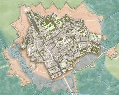 1644-1646年頃、南北戦争の防衛線上の近代オックスフォード (インク、水彩、デジタル編集) 作： Stephen Conlin