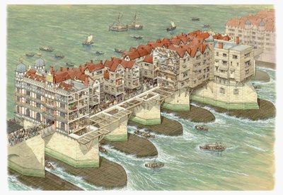 オールド・ロンドン・ブリッジ（中央部分） 1580-1600年頃（インク、水彩画） 作： Stephen Conlin