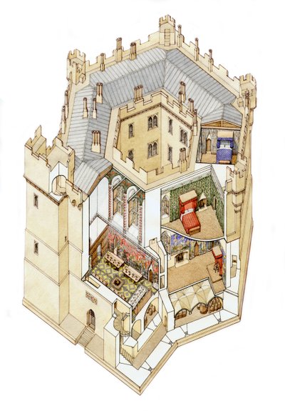 ソールズベリーのオールド・ウォーダー城、1390年頃（紙にインク、水彩画） 作： Stephen Conlin