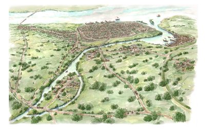 西暦1000年頃のセント・パトリック教会とヴァイキング・ダブリン（2018年描画）、980～1000年頃（インクと水彩画） 作： Stephen Conlin