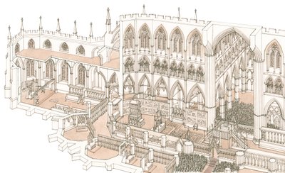 1399年、ヘンリー4世の戴冠式当時のウェストミンスター寺院のクワイア、2023年（インク、水彩画） 作： スティーブン・コンリン