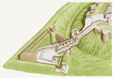ドーバー城の拍車、ケント州、1800-2023年頃（インク、水彩画） 作： Stephen Conlin
