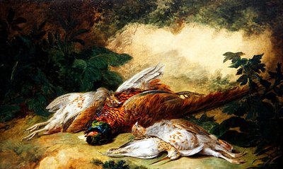 風景の中の死んだゲームの静物画（油彩・キャンバス） 作： Stephen Elmer