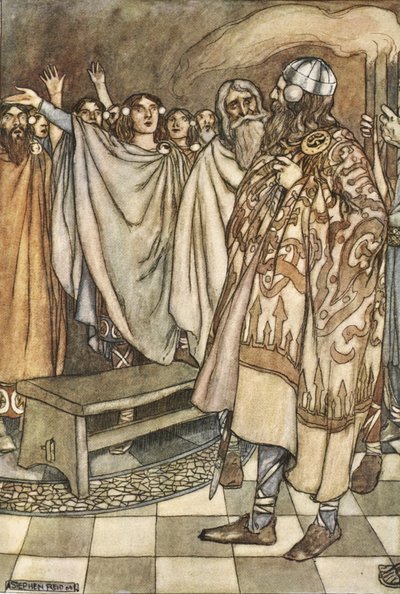 T.W. による「フィンの偉業、および古代アイルランドの他の吟遊詩人のロマンス」のイラストからのイラストである、アルスターマンからの大きな歓喜の叫びが起こりました。 Rolleston（カラーリソ） 作： Stephen Reid