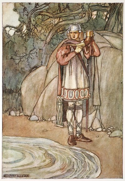 「ダーモットはホーンを取り、それを満たしただろう」、c1910。 作： Stephen Reid