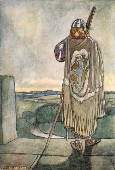 「フィンは妖精の竪琴の最初の音を遠く離れて聞いた」、c1910 作： Stephen Reid