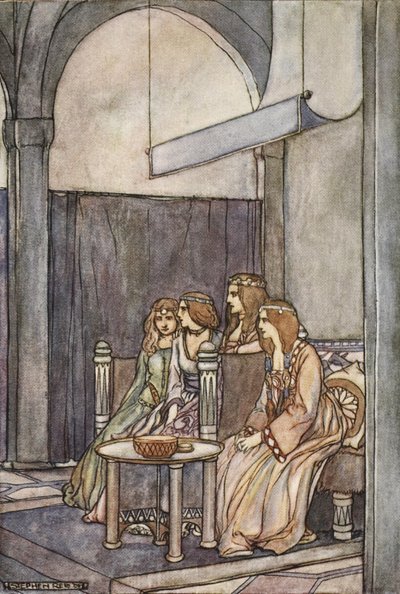 3 人の乙女が女王と共に座っていました。T.W. Rolleston（カラーリソ） 作： Stephen Reid