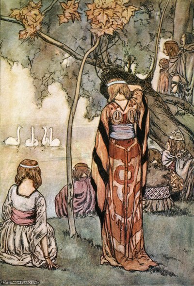 「彼らは野営地を作り、白鳥は彼らに歌を歌った」、c1910. 作： Stephen Reid