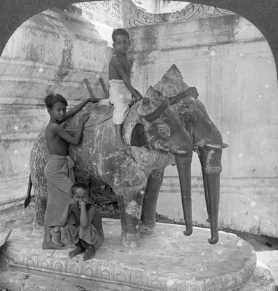 聖域を守る3頭の象、アラカンパゴダ、マンダレー、ビルマ、1908年。 作： Stereo Travel Co
