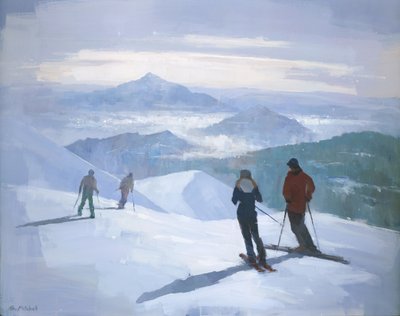 雪に覆われた山頂のスキーヤーたち 作： 