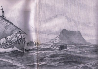 ジブラルタル海峡を通ってダーデネルス海峡に向かうドイツの潜水艦（『The Illustrated History of the World War 1914-1915』（Union Berlagsefellfchaft社）より 作： Willy Stoewer 