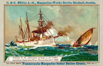 東アフリカ沿岸で奴隷商人のダウ船を追ったドイツの巡洋艦シュヴァルベ 作： Willy  Stoewer 