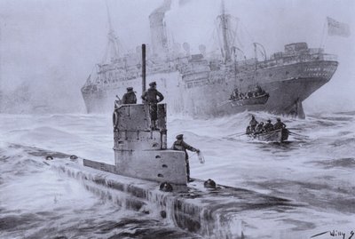 第一次世界大戦、1915年1月30日、リバプール沖でのドイツ潜水艦U-21によるイギリス商船リンダ・ブランシュの沈没（リトグラフ 作： Willy  Stoewer 