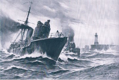 ゼーブルージュ港を出港する巡視船と掃海艇（『The Illustrated History of the World War 1914-1915』（Union Berlagsefellfchaft社）より 作： Willy Stoewer 