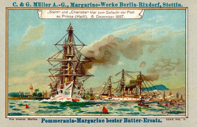 1897年12月6日、リューダース事件の間にハイチのポルトープランス港にいたドイツの軍艦シュタインとシャーロット（クロモリト） 作： Stoewer Willy