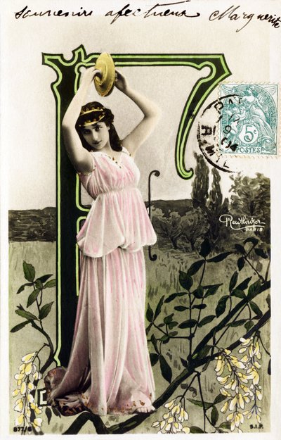 F：Mlle Beauregard、1900年代のアーティスト-はがきのアルファベット 作： Studio Reutlinger