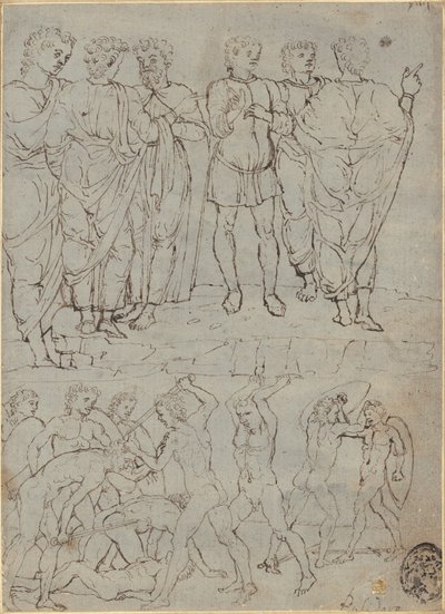 6人の会話する男性と10人の戦うヌード 作： Studio of Francesco Squarcione