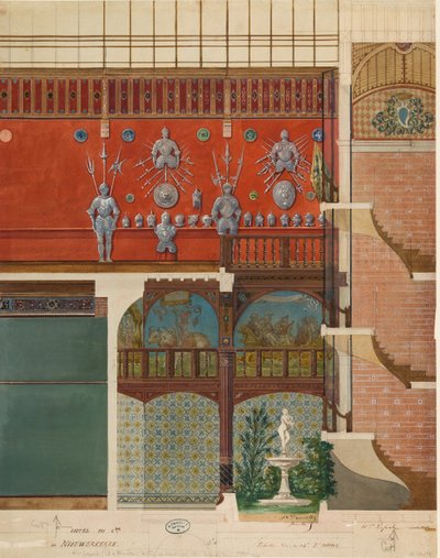 Comte de Nieuwerkerke House の内部の建築図面、カリフォルニア州。 1870年。 作： Studio of Hector Martin Lefuel.