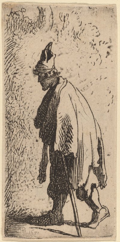 棒を持った物乞い、左に歩く 作： Studio of Rembrandt van Rijn