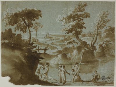ボート・パーティーのある川の風景 作： Style of Alessio de Marchis