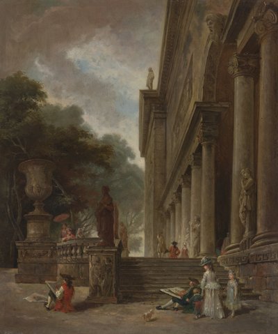 メディチ家の宮殿の柱廊と庭園 作： Style of Hubert Robert