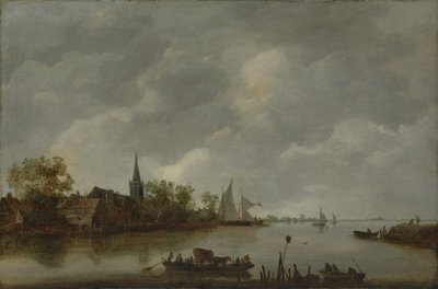 村の教会のある川の景色。 作： Style of Jan van Goyen