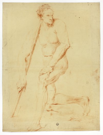 スタッフにもたれるアカデミックな男性ヌード 作： Style of Pompeo Girolamo Batoni